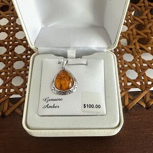 Genuine Amber Silver Pendant Necklace